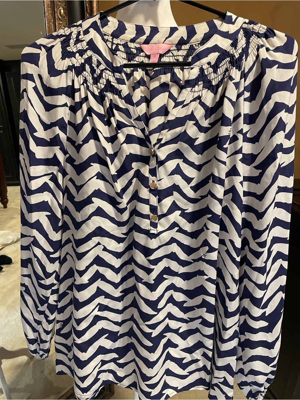 Lilly Pulitzer Navy and White Zigzag Button-Front Blouse